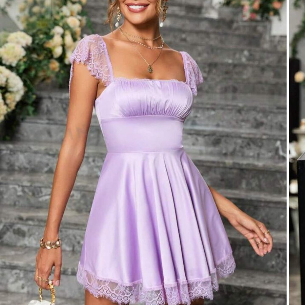 PARTHEA Contrast Lace Ruched Bust Square Neck Satin Dress